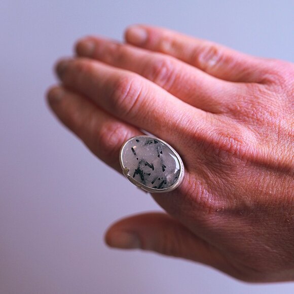 Tourmalinated Quartz Crescent Moon Ring SZ 7.5 Handmade by Me Sterling Silver - Picture 5 of 7